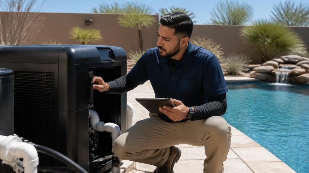 Captain Pools technician inspecting the pool heater in tempe.