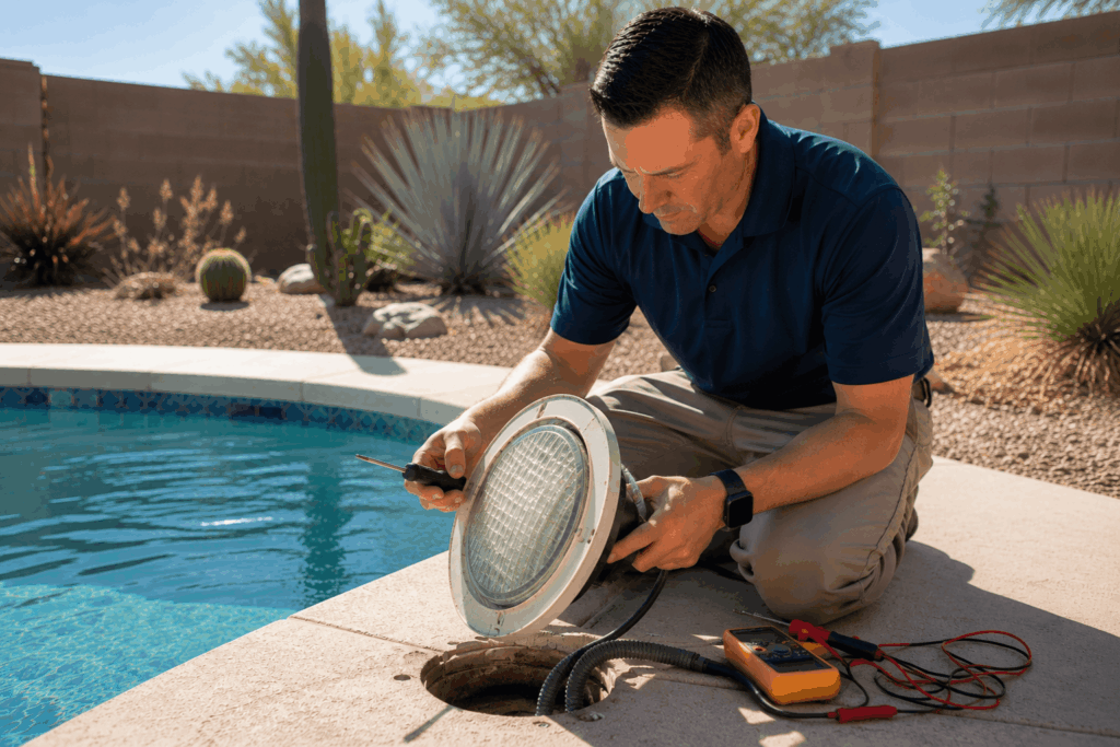Technician fixing the pool light.