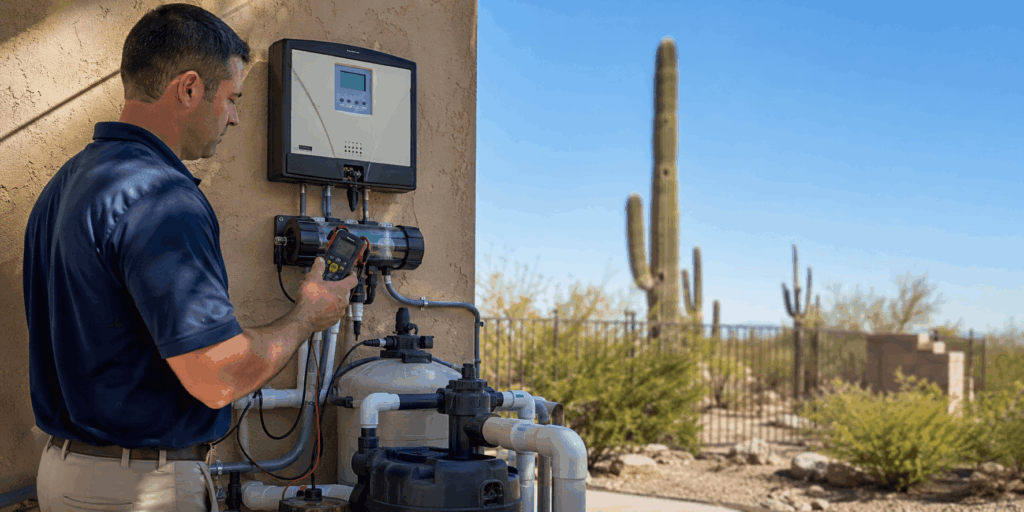 Technician inspecting the salt chlorine generator in tempe, AZ.