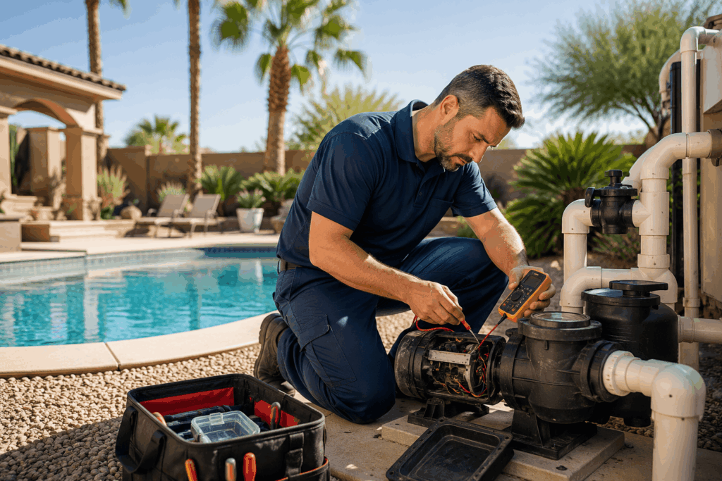 Technician fixing the pool pump in tempe, AZ.