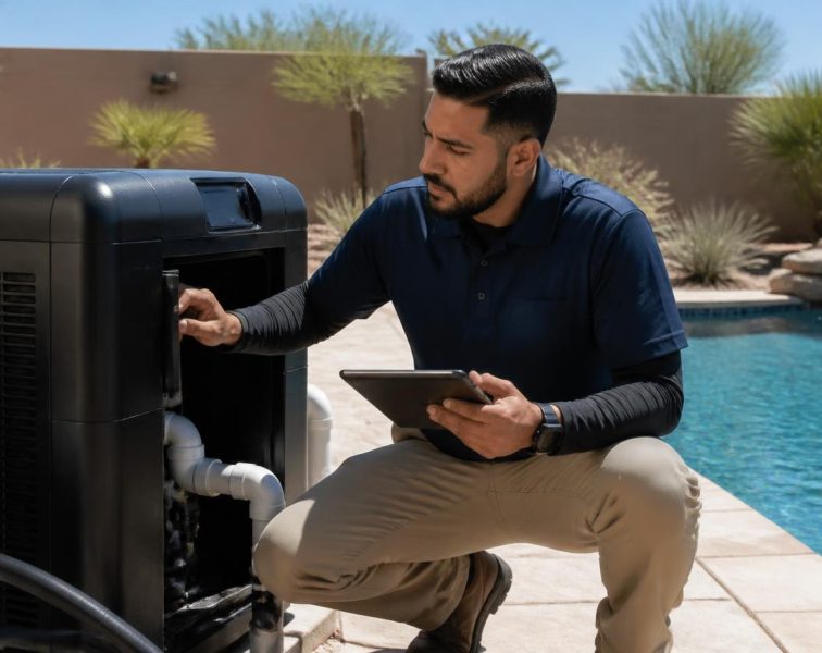 Captain Pools technician inspecting the pool heater in tempe.