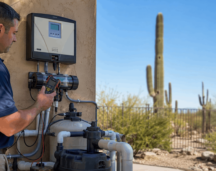 Technician inspecting the salt chlorine generator in tempe, AZ.