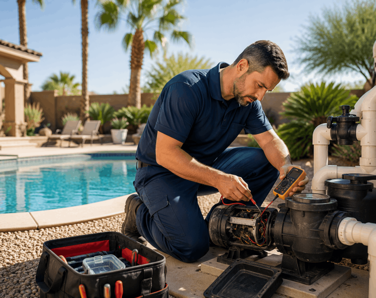 Technician fixing the pool pump in tempe, AZ.